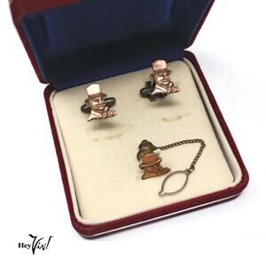 Vintage Per Hauge AS Cuff Links Tie Tac Set Velvet Box Man in Top Hat - Hey Viv